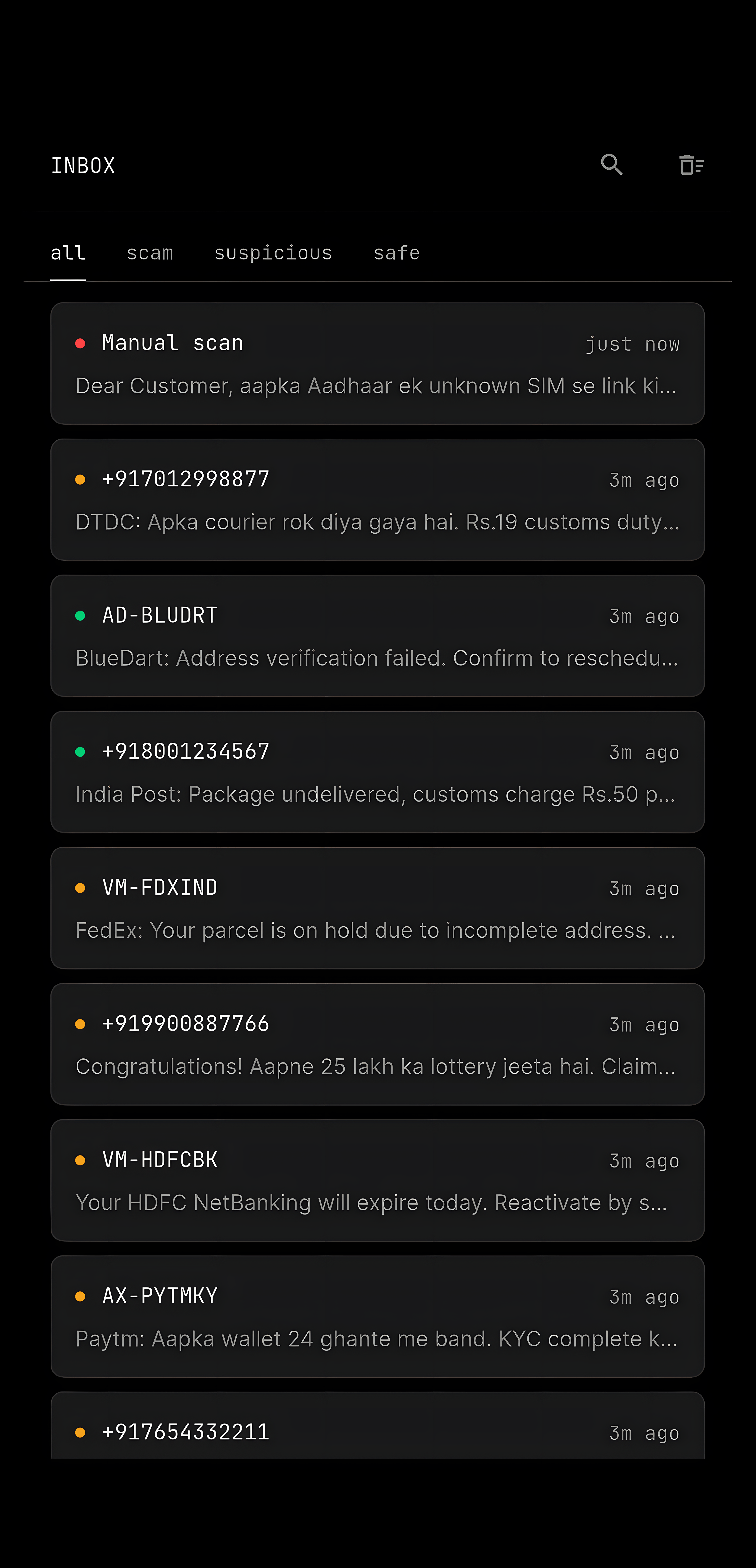 Defendra inbox — SMS messages with real-time scam verdicts